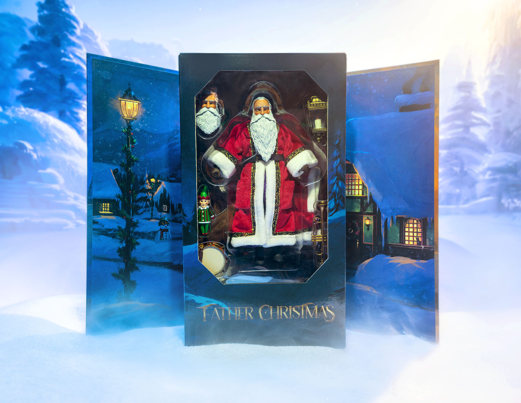 Figura Obscura Father Christmas packaging, including art by Nate Baertsch